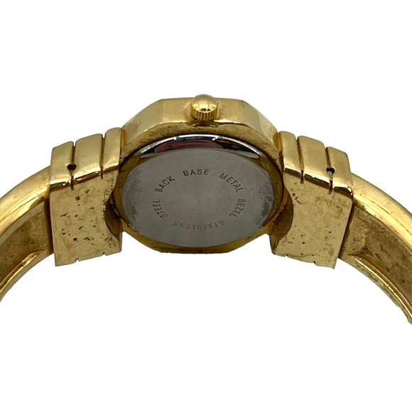 Pierre Jacquard Gold Tone Cuff Watch Rhinestones Metal Band Blue Octagon Dial